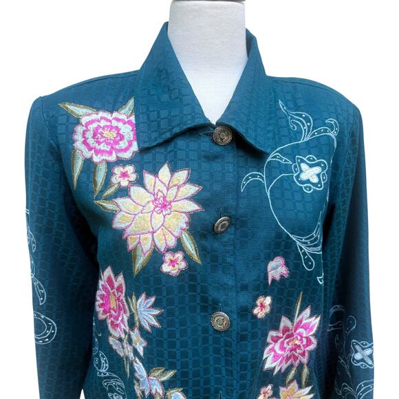 Alex Kim Shirt Jacket Sz PL Blue Floral Embroidered Button Up Boho Western Artsy - Picture 3 of 10